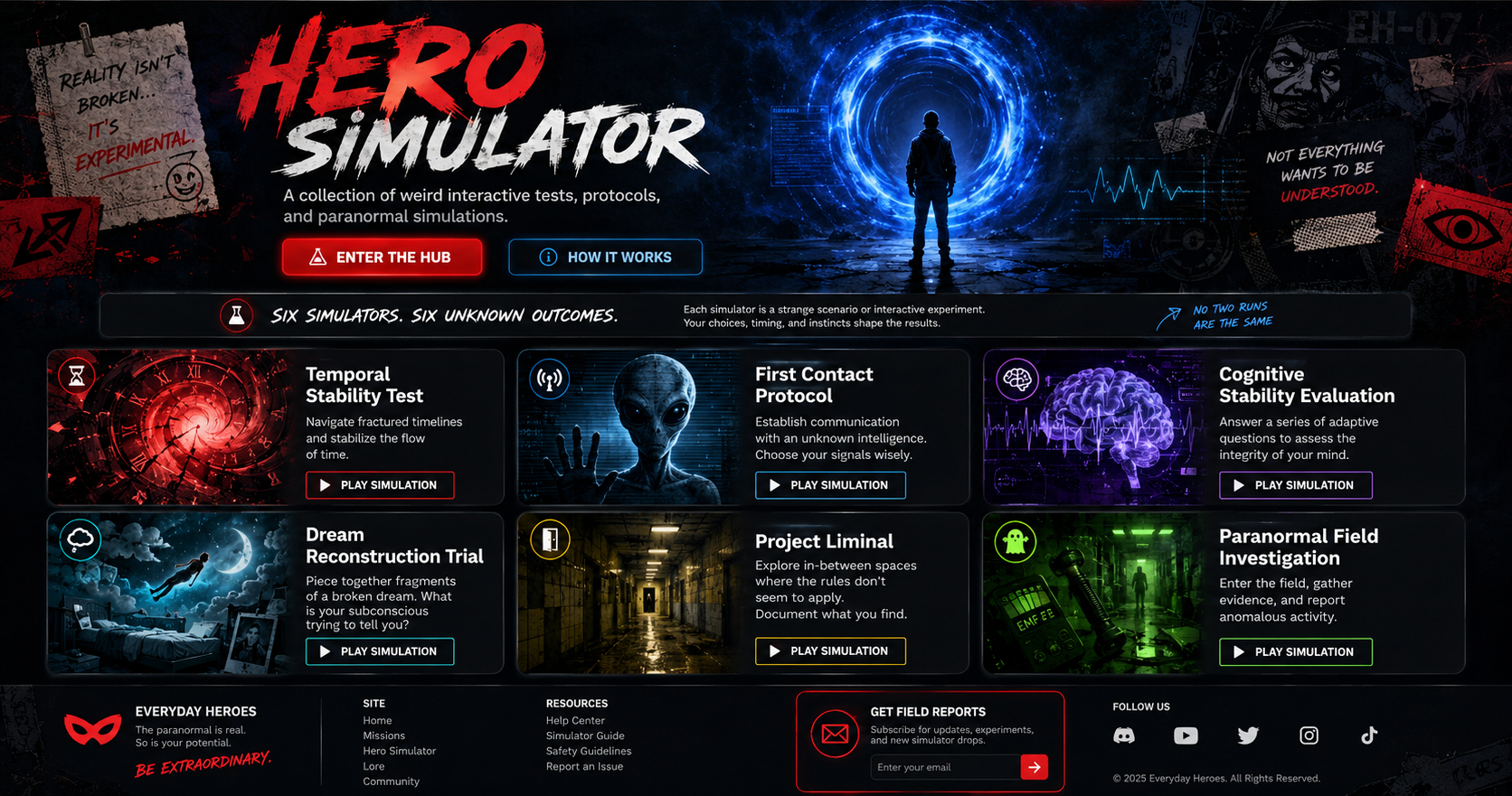 Hero Simulator hub with six interactive paranormal simulations