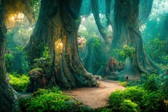 A beautiful fairytale enchanted forest with big trees and great vegetation. Digital painting background